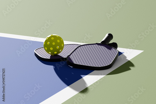 Pickleball paddles and ball on court, illuminated sunshine. 3d illustration, render.