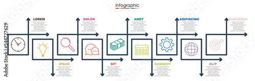 Vector infographic template with nine steps or options. Illustration presentation with thin line elements icons.  Business concept graphic design can be used for web, paper brochure, diagram, chart