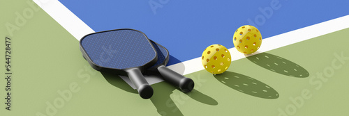 Pickleball paddles with balls on court, illuminated sunshine. 3d illustration, render. Banner photo