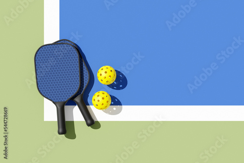 Pickleball paddles and balls on court, illuminated sunshine. Top view, place for text. 3d illustration, render.
