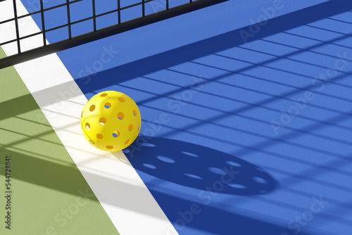 Pickleball ball on court under the shadow of the grid. 3d illustration, render. Place for text photo