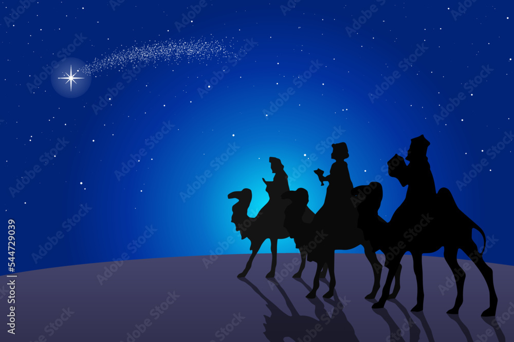 Blue Christmas Nativity scene. Three Wise Men travel in the desert at night. Greeting card background. Blue Christmas Nativity scene. Three Wise Men travel in the desert at night. Greeting card background.