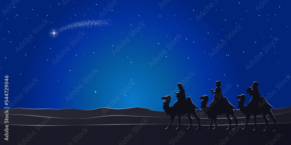 Blue Christmas Nativity scene. Three Wise Men travel in the desert at night. Greeting card background. Blue Christmas Nativity scene. Three Wise Men travel in the desert at night. Greeting card background.