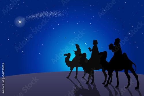 Blue Christmas Nativity scene. Three Wise Men travel in the desert at night. Greeting card background.