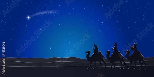 Blue Christmas Nativity scene. Three Wise Men travel in the desert at night. Greeting card background.
