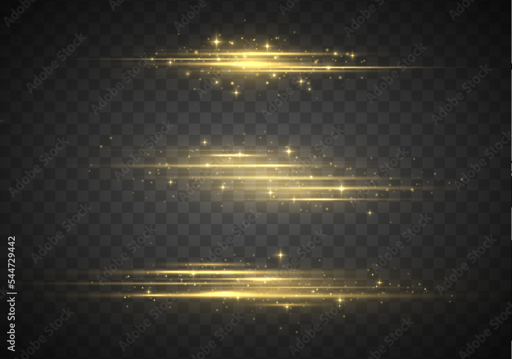 Yellow soft horizontal neon lines and lights. Set of abstract lens flares. Flash gold line motion. Laser sparkle beams, glowing speed rays, dust sparks light effect. Luminous sparkling lined. Vector - obrazy, fototapety, plakaty 