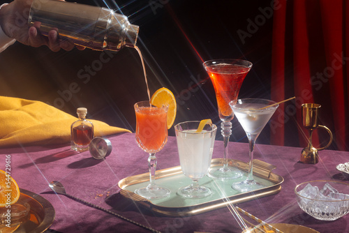 Martini cocktail, Gin lemon, Screwdriver and vermuth in vintage style