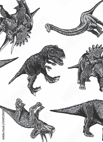 Vertical black and white pattern with dinosaurs, stylish dino cover for fabric, postcards, wallpapers,graphical vector illustration. Animals background design  © Vita