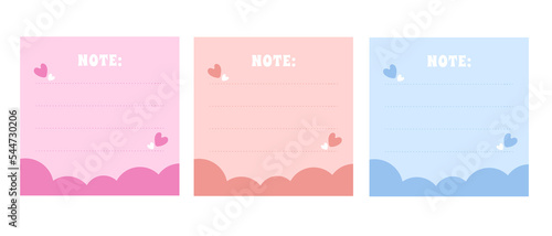Trendy set note sticker sheets of note papers, sticky notes vector cute pastel color with hearts. Blank paper notes, sticker notepads and to do memo messages
