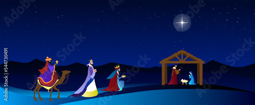Christmas Nativity Scene. The adoration of Three Wise Men in the desert. Greeting card banner background.
