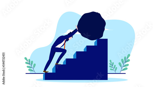 Businessman adversity - Man pushing heavy rock up stairs, business problem and difficulty concept, flat design on white background