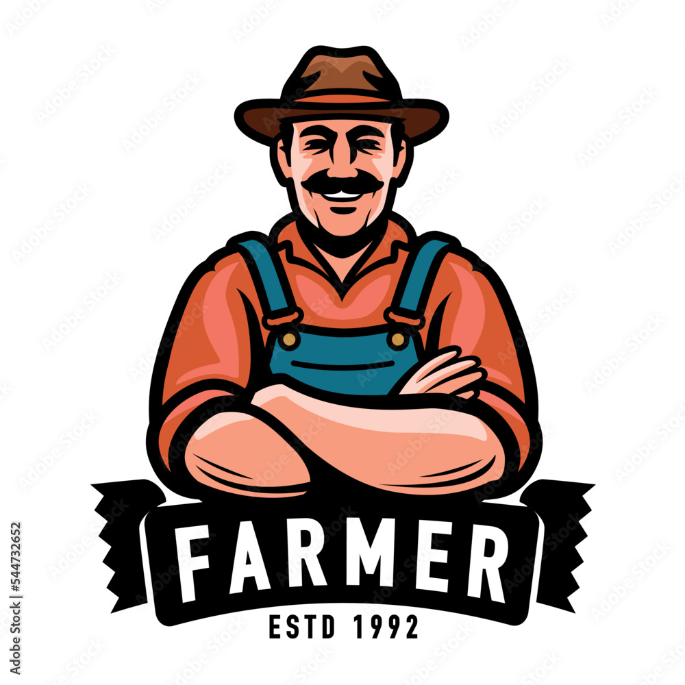 Farmer emblem. Happy male farm worker in hat symbol or logo. Agriculture, farming concept vector illustration