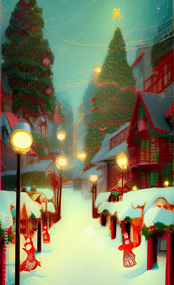 Christmas town tree in the night city with decorations illustration Stock Illustration  Adobe Stock