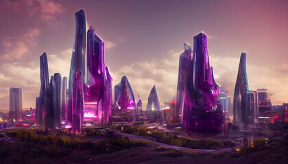 Leinwandbilder Aubergine Crystal amethyst city science fiction, progress other worlds, alien civilization on other planets, sci-fi cities surreal buildings, intergalactic cities, alien planet, landscape (generative AI, AI)  © yesdoubleyes
