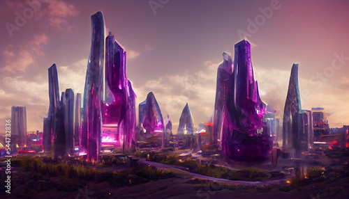 Crystal amethyst city science fiction, progress other worlds, alien civilization on other planets, sci-fi cities surreal buildings, intergalactic cities, alien planet, landscape (generative AI, AI)