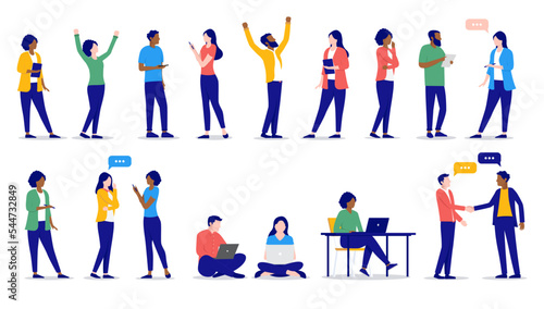 Vector people - Office workers characters in casual business clothes working on computers, cheering and talking. Flat design on white background