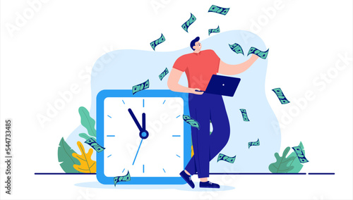 Money time - Man making income and profits in front of big clock in office. Salary hour and minute concept. Flat design cartoon vector illustration with white background