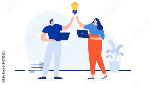 Brainstorm idea - Two people, man and woman working and coming up with idea, holding light bulb. Flat design cartoon vector illustration with white background