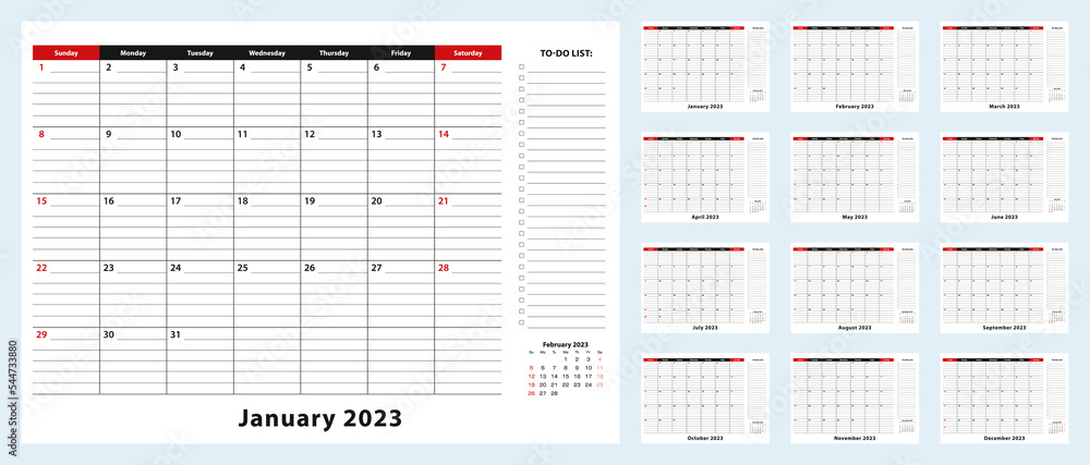 Vector Monthly Desk Pad Calendar, January 2023 - December 2023. Calendar planner with to-do list and place for notes.