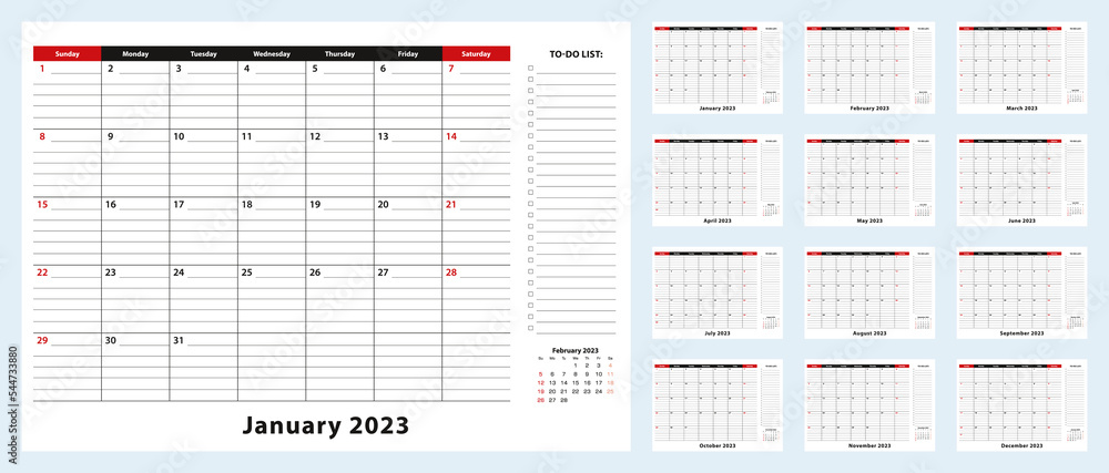 Vector Monthly Desk Pad Calendar, January 2023 - December 2023. Calendar planner with to-do list and place for notes. Vector Monthly Desk Pad Calendar, January 2023 - December 2023. Calendar planner with to-do list and place for notes.