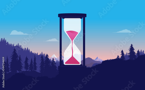 Time goes by - Sandglass placed outdoors in landscape in sunset at the end of a day. Vector illustration