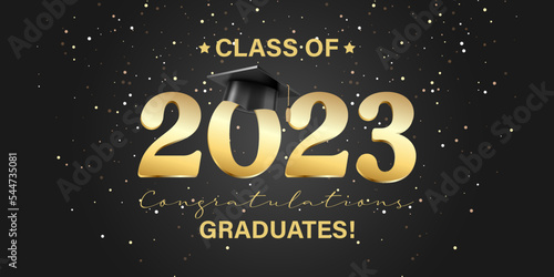 Vector illustration. Class of 2023 badge design template in black and gold colors. Congratulations graduates 2023 banner sticker card with academic hat for high school or college graduation