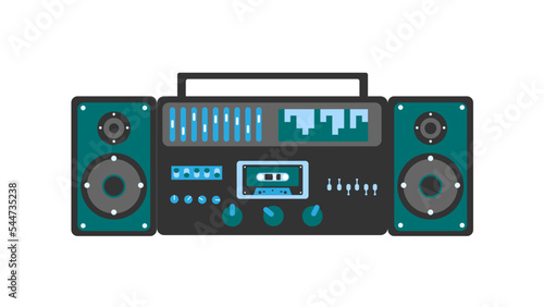 Old retro green vintage music cassette tape recorder with magnetic tape on reels and speakers from the 70s, 80s, 90s. Beautiful icon. Vector illustration