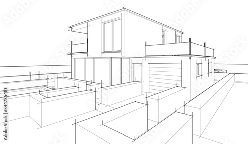 Modern house architectural drawing 3d illustration