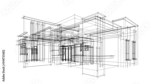 Modern house architectural drawing 3d illustration