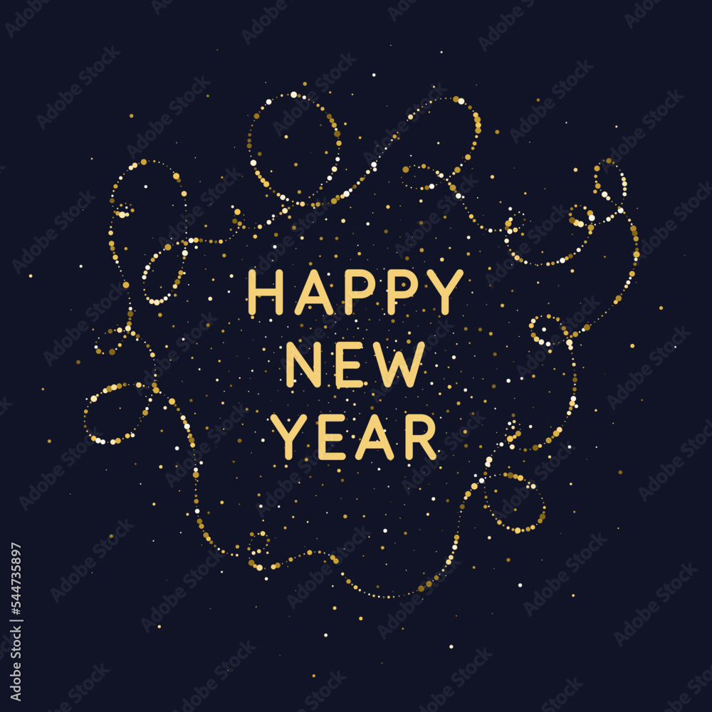 Background with the inscription Happy New Year. Poster with gold particles on a black background. Background with the inscription Happy New Year. Poster with gold particles on a black background.