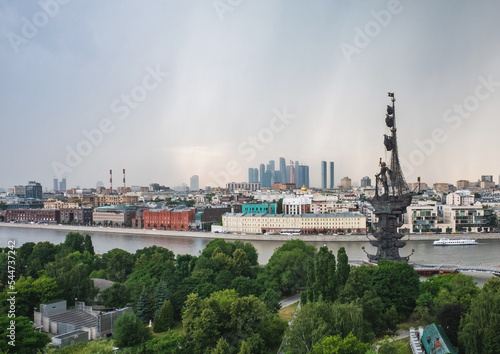 View of the monument to Peter I, the Moscow River, the Museon Park and the Moscow City complex in the Russian capital.