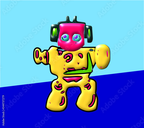 Illustration of a small robot on a background that looks like a wall.Vector image suitable for children's room and celebrations.