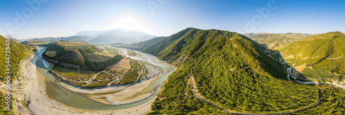 Panoramic view on river Osumi by village Mrakull near Polican in Albania in Summer sunrise