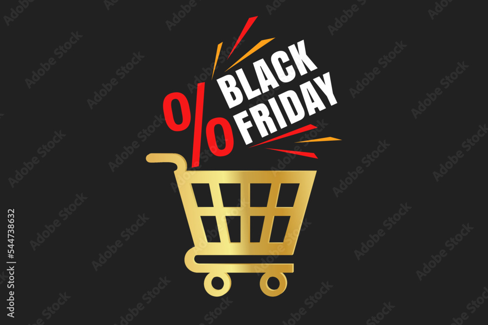 Vector icon of golden shopping cart for black friday. Vector illustration of golden shopping basket on black background. Vector icon of golden shopping cart for black friday. Vector illustration of golden shopping basket on black background.