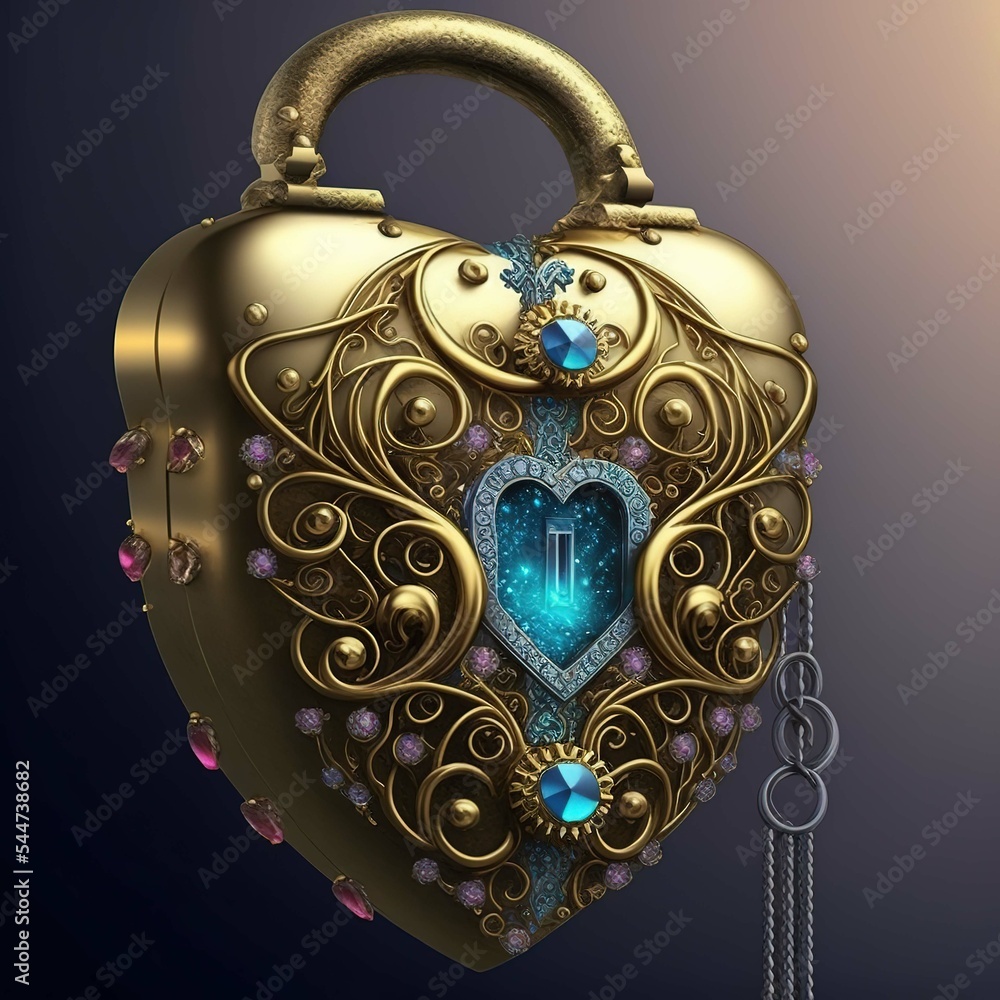 Fototapeta premium Golden vintage lock in the shape of a heart. Gen art 