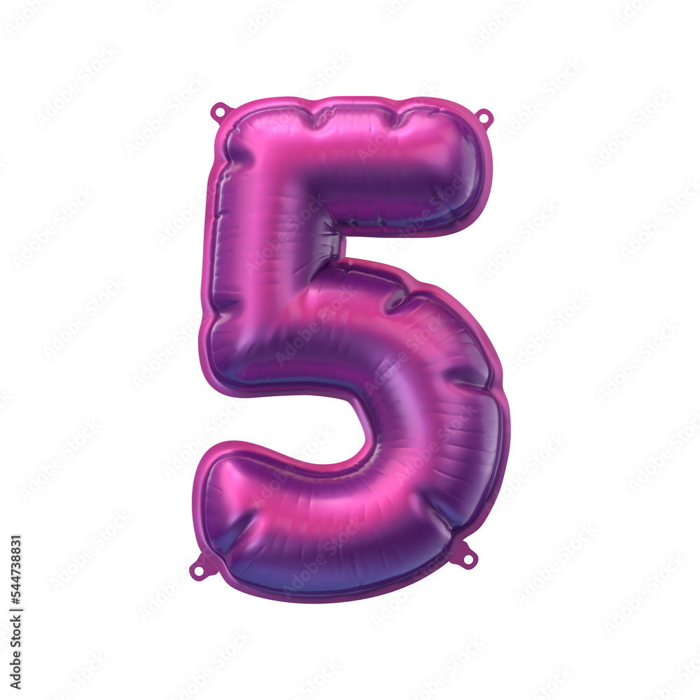 3D Render of pink purple inflatable foil balloon 5 figure. Party decoration element. Number five isolated on white background. New year celebration postcard part. Graphic element sign for web design 3D Render of pink purple inflatable foil balloon 5 figure. Party decoration element. Number five isolated on white background. New year celebration postcard part. Graphic element sign for web design