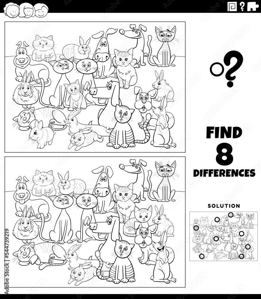 differences game with cartoon dogs and cats and rabbits coloring page ...