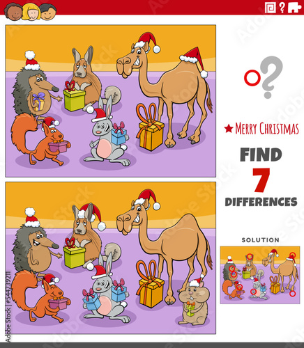 differences game with animal characters on Christmas time