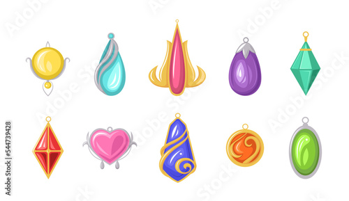 Set of colored pendants in cartoon style. Vector illustration of magic amulets of various shapes and precious stones on white background.