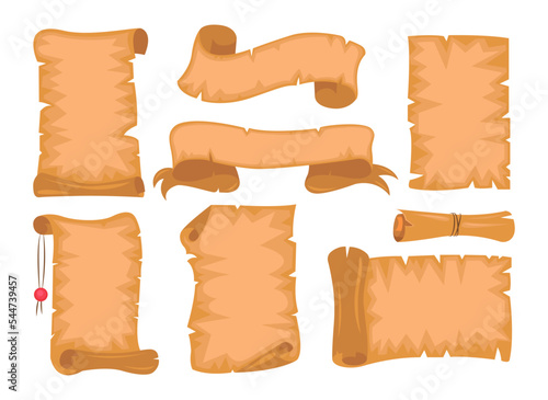 Set of old scrolls in cartoon style. Vector illustration of old scrolls for king's decrees in ancient times or messages on white background.
