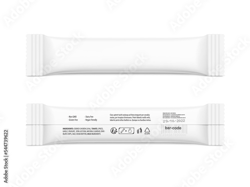 Realistic stick pack sachet mockup for food, cosmetic, pharmacy and other industry. Vector illustration on white background. Possibility use for granulated, powder and liquid products. EPS10.	
