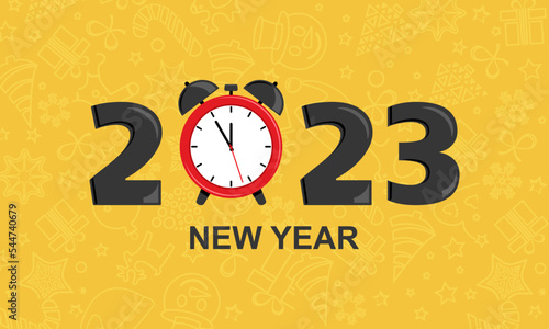 2023 New Year alarm clock with Christmas Santa Claus hat vector background. Cartoon holiday illustration