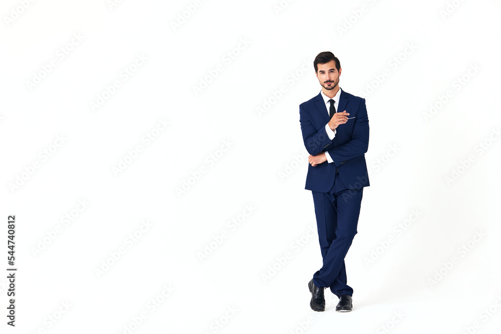 Man business smile with teeth in a suit business job walks open mouth happiness and surprise full-length on white isolated background copy space Man business smile with teeth in a suit business job walks open mouth happiness and surprise full-length on white isolated background copy space