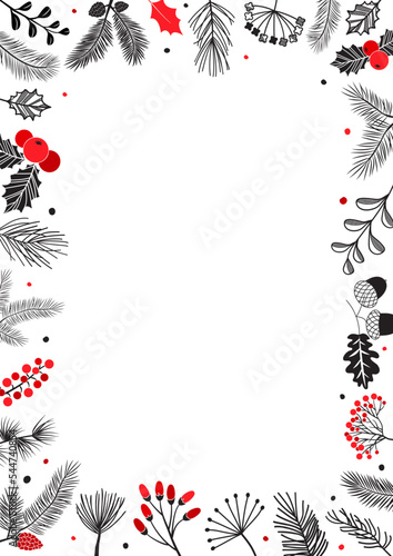 Christmas greeting frame, hand drawing plant vector card, botanical invitation. Winter nature, black and red colors decoration isolated on white background. Celebration illustration
