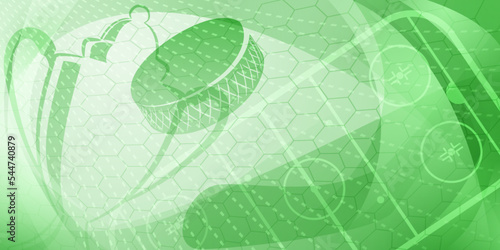 Abstract background in light green colors with different hockey symbols such as puck, stick, ice rink, cup