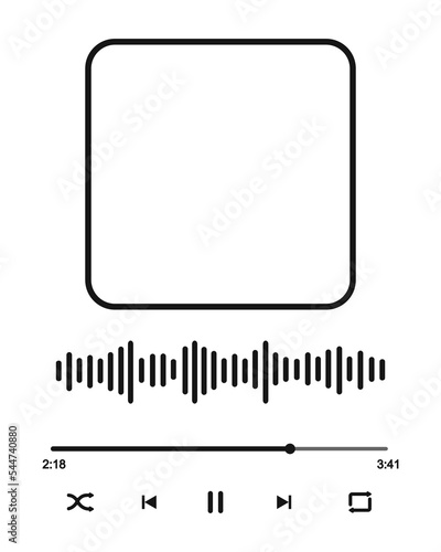 Music player interface with frame for album cover, sound wave, song loading bar with timer, buttoms shuffle, rewind, pause, fast forward, repeat. Audio player template. Vector graphic illustration