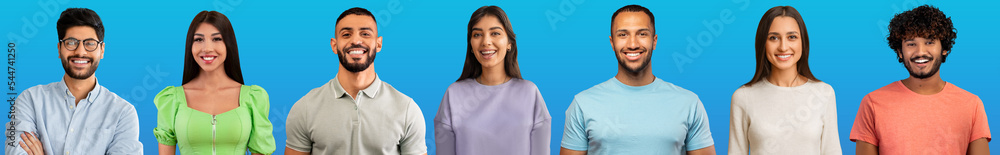 Set of cheerful beautiful arab people posing on blue, collage Set of cheerful beautiful arab people posing on blue, collage