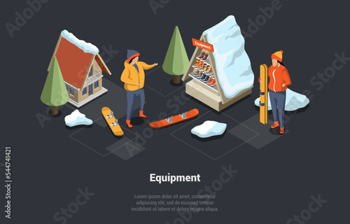 Winter Holidays And Family Vacations Concept. Female Character Rent Snowboard And Coach At Ski Equipment Store Resort. Beautiful Snowy Mountains and Slopes. Isometric 3D Cartoon Vector Illustration