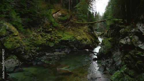 Travelling down a narrow river canyon in northwestern BC