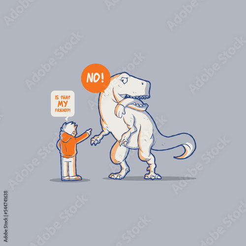 A Person asking a question to a T-Rex vector illustration. Comics, food, funny design concept.